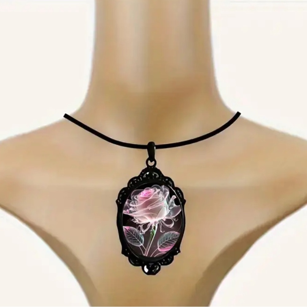 Watercolour Pink Rose pendant necklace. New. - Picture 6 of 10